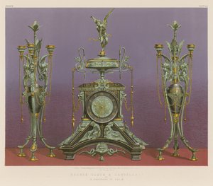 Orologio e candelabro in bronzo di M Marchand di Parigi (cromolito)