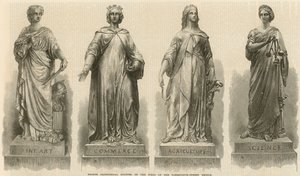 Statue allegoriche in bronzo sui pilastri del Farringdon Street Bridge (incisione)