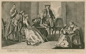Costruire case con le carte, da un dipinto originale nei Vauxhall Gardens, Londra da English School