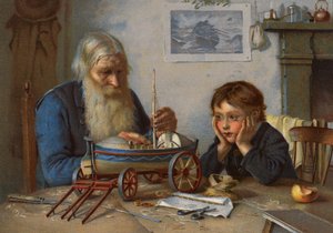 Costruzione della scialuppa di salvataggio (litografia a colori) da English School