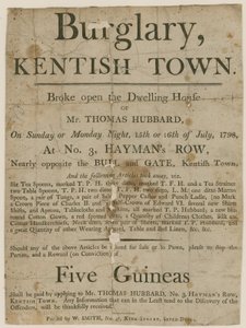 Furto con scasso a Kentish Town nel 1798. Ricompensa di £5