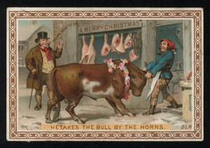 Macellaio che tira un toro nel suo negozio, cartolina di auguri di Natale da English School