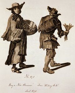 Compra un nuovo almanacco! Inchiostro per scrivere di qualità!, illustrazione di venditori ambulanti intorno al 1675
