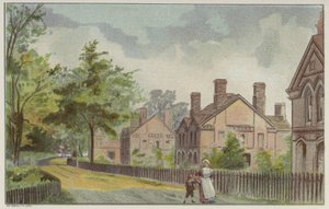 Cottage dei lavoratori della Cadbury e strada di campagna, Bournville, Birmingham (cromolitografia) da English School