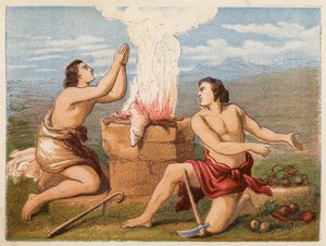 Il sacrificio di Caino e Abele (litografia a colori)