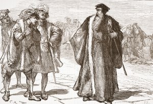 Calvino insultato dai libertini sul ponte del Rodano, illustrazione da La storia del protestantesimo di James Aitken Wylie (1808-1890), pub. 1878