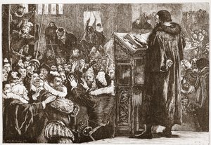 Calvino minacciato nella chiesa di Rive, illustrazione da La storia del protestantesimo di James Aitken Wylie (1808-1890), pub. 1878 da English School