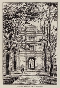 Cambridge: porta della virtù, Caius College (acquaforte) da English School