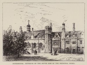 Cambridge: Peterhouse, esterno del lato sud del cortile principale (acquaforte) da English School