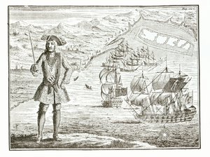 Capitano Bartholomew Roberts (1682-1722) con due navi, la Royal Fortune e la Ranger salpano a Whydah Road sulla costa della Guinea, 11 gennaio 172? da Una storia generale dei furti e degli omicidi dei pirati più noti da English School