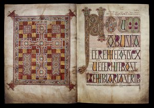 Pagina di tappeto e pagina di incipit che introducono la lettera di San Girolamo a Papa Damaso, Cotton Nero D. IV, f.2v e f.3r dai Vangeli di Lindisfarne, 710-721 (pergamena)