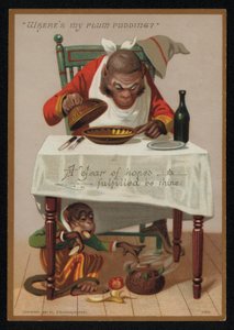 Cartone animato di scimmie e un budino di prugne, cartolina di auguri di Capodanno