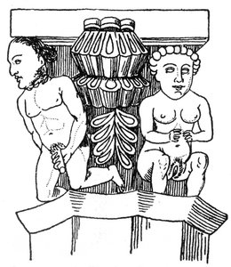 Figure scolpite di un uomo e una donna che mostrano i loro genitali dal capitello di una colonna in una chiesa a Egra da English School