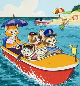 Famiglia di gatti in motoscafo