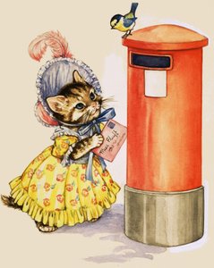 Gatto con cappello che imbuca una lettera in una cassetta postale da English School