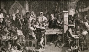Caxton (c.1422-91) che mostra esemplari della sua stampa a Re Edoardo IV all