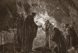 Celebrazione della Cena del Signore da parte di Calvino e dei suoi compagni protestanti nella grotta di Poitiers, illustrazione da La storia del protestantesimo di James Aitken Wylie (1808-1890), pub. 1878 da English School