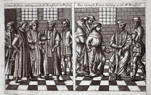 Certi vescovi che parlano con Mr Bradford in prigione e due frati spagnoli che parlano con Mr Bradford, illustrazione da Atti e Monumenti di John Foxe, nona edizione, pub. 1684 da English School