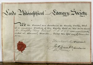 Certificato di membro onorario per Sir Humphry Davy (1778-1829) alla Leeds Philosophical and Literary Society, 5 dicembre 1823