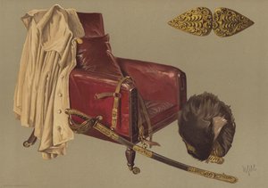 Sedia e mantello del Feldmaresciallo Duca di Wellington, con colbacco e spada delle Guardie Granatieri (cromolitografia)