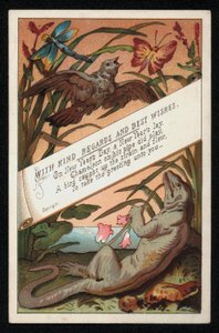 Camaleonte con verso e un uccello, cartolina di auguri di Capodanno da English School