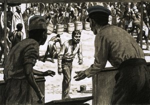 Charles Osborne e il capitano Stott stendono barili di rum sulla spiaggia