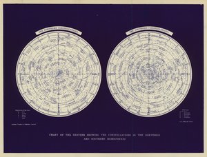 Carta del cielo che mostra le costellazioni negli emisferi nord e sud (litografia a colori) da English School
