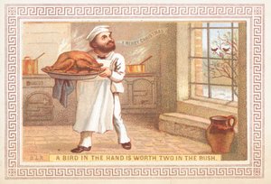 Chef che tiene un piatto di tacchino, Cartolina di Natale