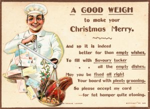 Chef che pesa lettere e cibo su bilance, biglietto di Natale