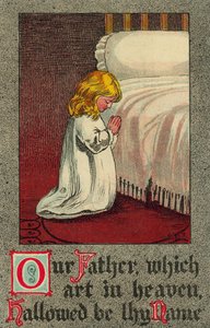 Bambino a letto che recita il Padre Nostro (litografia a colori)