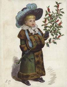 Bambino che tiene un grande ramo di agrifoglio