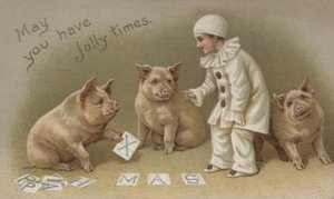 Bambino in costume da Pierrot con tre maiali, cartolina di Natale (cromolitografia)