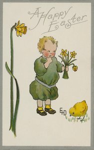 Bambino che raccoglie narcisi (litografia a colori) da English School