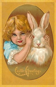 Bambino con coniglio (litografia a colori) da English School