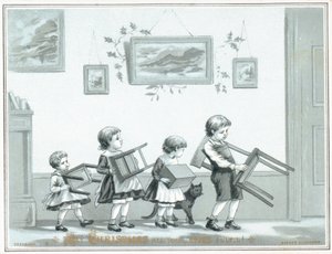 Bambini che portano sedia e sgabelli da English School