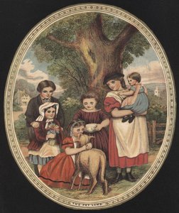 Bambini che si prendono cura del loro agnello domestico (incisione a colori) da English School