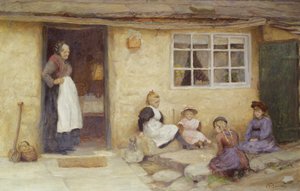 Bambini che giocano a dadi vicino a un cottage da English School
