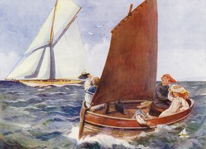 Bambini che navigano e osservano uno yacht di passaggio (litografia a colori)