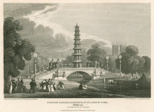 Pagoda cinese e ponte, St Jamess Park, Londra, come appariva il 1 agosto 1814