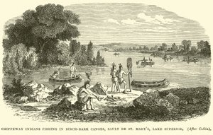 Indiani Chippeway che pescano in canoe di corteccia di betulla, Sault de St Marys, Lago Superiore da English School