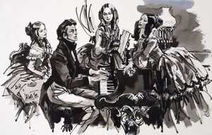 Chopin con ammiratrici (gouache su carta) da English School