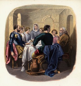 Cristiana e i pellegrini alla casa di Gaio, illustrazione da Il pellegrinaggio del cristiano di John Bunyan da English School