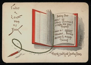 Auguri di Natale e Capodanno raffigurati in un libro delle scommesse, cartolina di auguri da English School