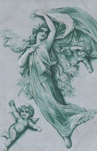 Cartolina di Natale con un angelo e due cherubini da English School