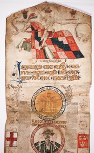 Cronaca della storia del mondo dalla creazione a Woden, con una genealogia di Edoardo IV (Rotolo di Edoardo IV), sezione iniziale con un ritratto di Edoardo IV a cavallo, un medaglione con Dio e un altro da English School