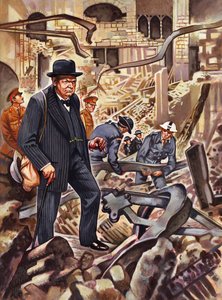 Churchill osserva i danni dopo che una bomba tedesca ha distrutto parte della Camera dei Comuni da English School