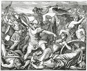 Donne cimbriche difendono il loro carro fortificato dai soldati romani, 1882 da English School