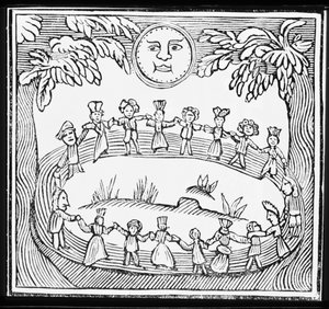 Cerchio di streghe che danzano sotto la luna piena, illustrazione da una raccolta di chapbook sull