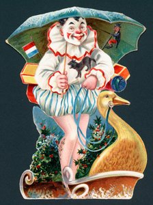 Clown con ombrello su slitta d