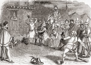 Cock throwing, noto anche come cock-shying o throwing at cocks, da Old England: A Pictorial Museum, pub. 1847